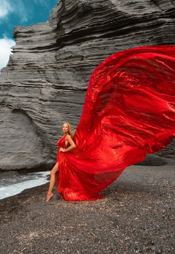 Striking Red Sequined Gown with Dramatic Train — Photoshoot Dress