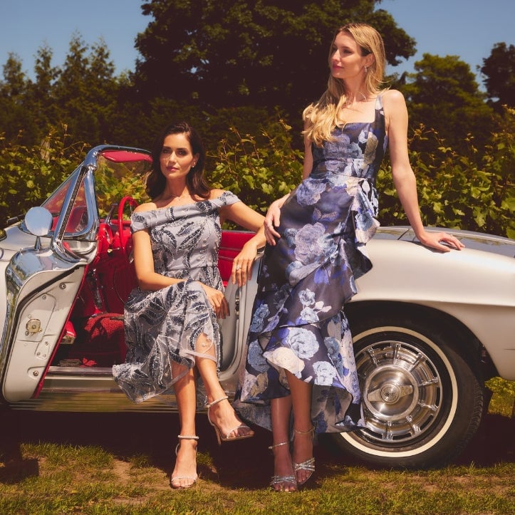 Gray Off-the-Shoulder Dress and Blue Floral Print Dress — Photoshoot Dress