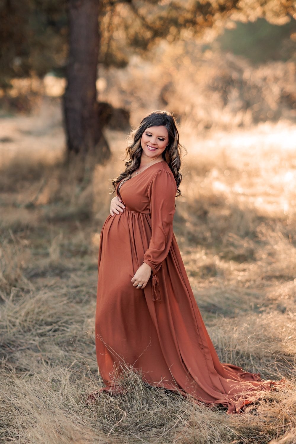Rust Orange Maxi Dress with Flowy Sleeves and Empire Waist — Photoshoot Dress