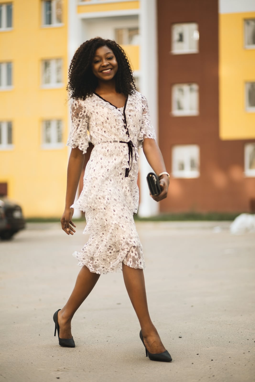 White Lace Dress with Ruffled Hem and Black Trim — Photoshoot Dress