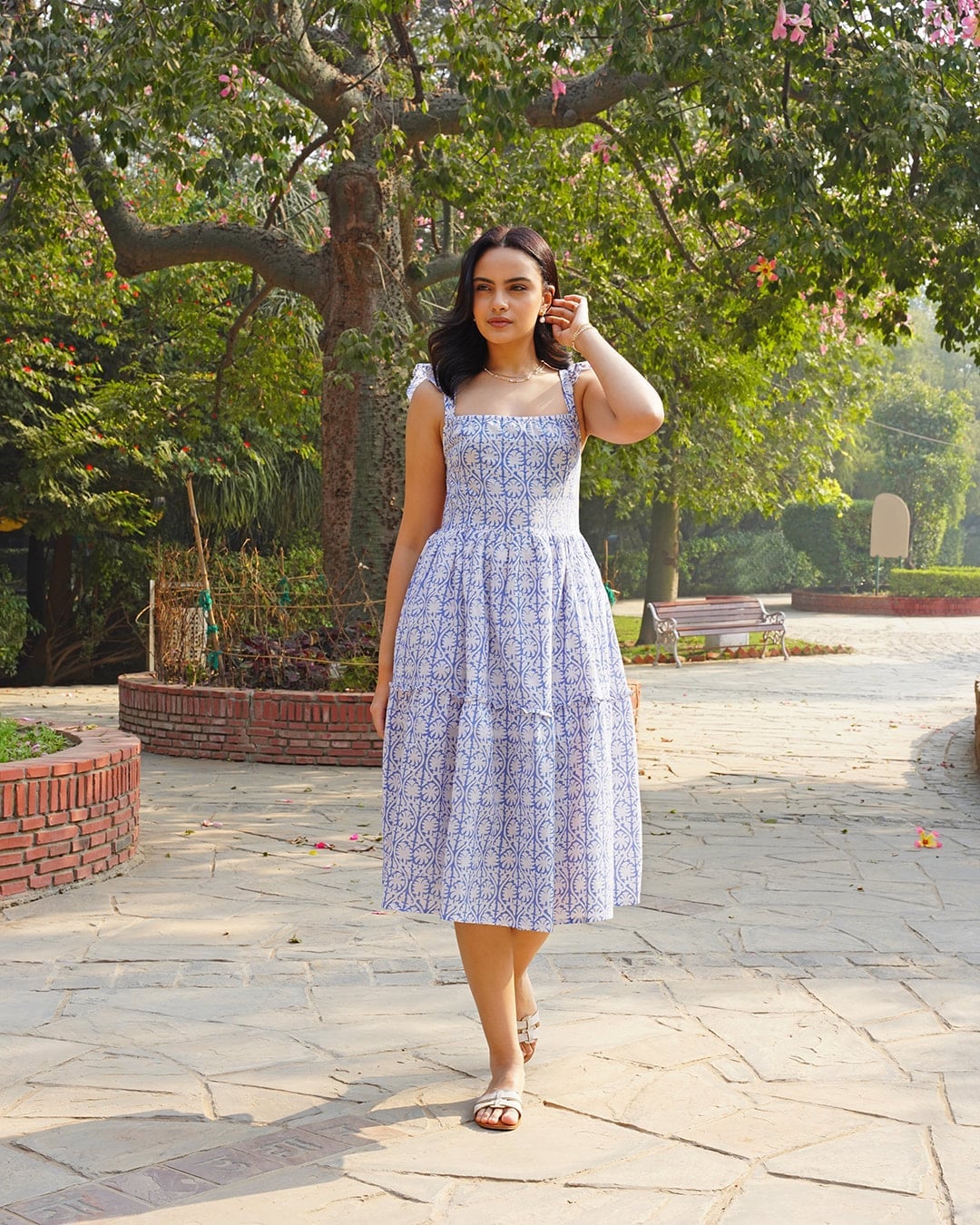 Blue and White Geometric Print Midi Dress with Tiered Skirt — Photoshoot Dress
