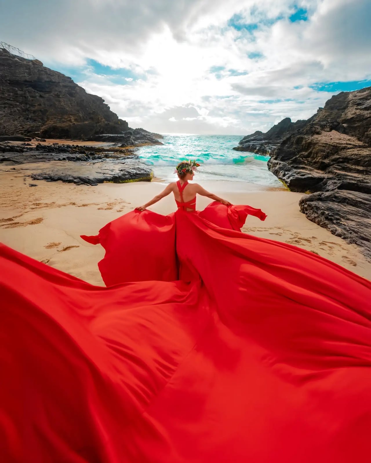 Flowing Red Gown with Voluminous Skirt on Beach — Photoshoot Dress