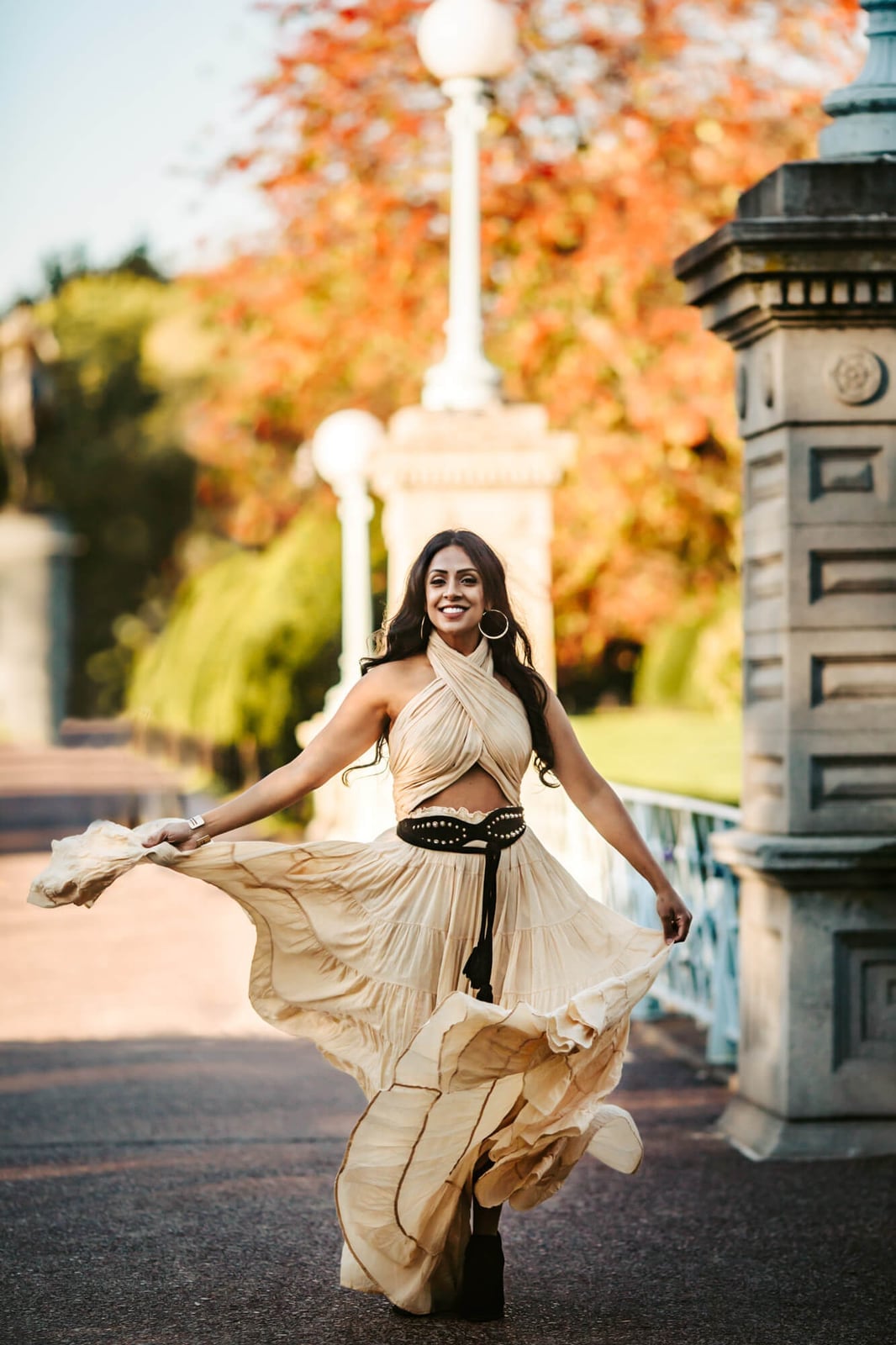 Cream Halter Neck Tiered Maxi Dress with Studded Belt — Photoshoot Dress