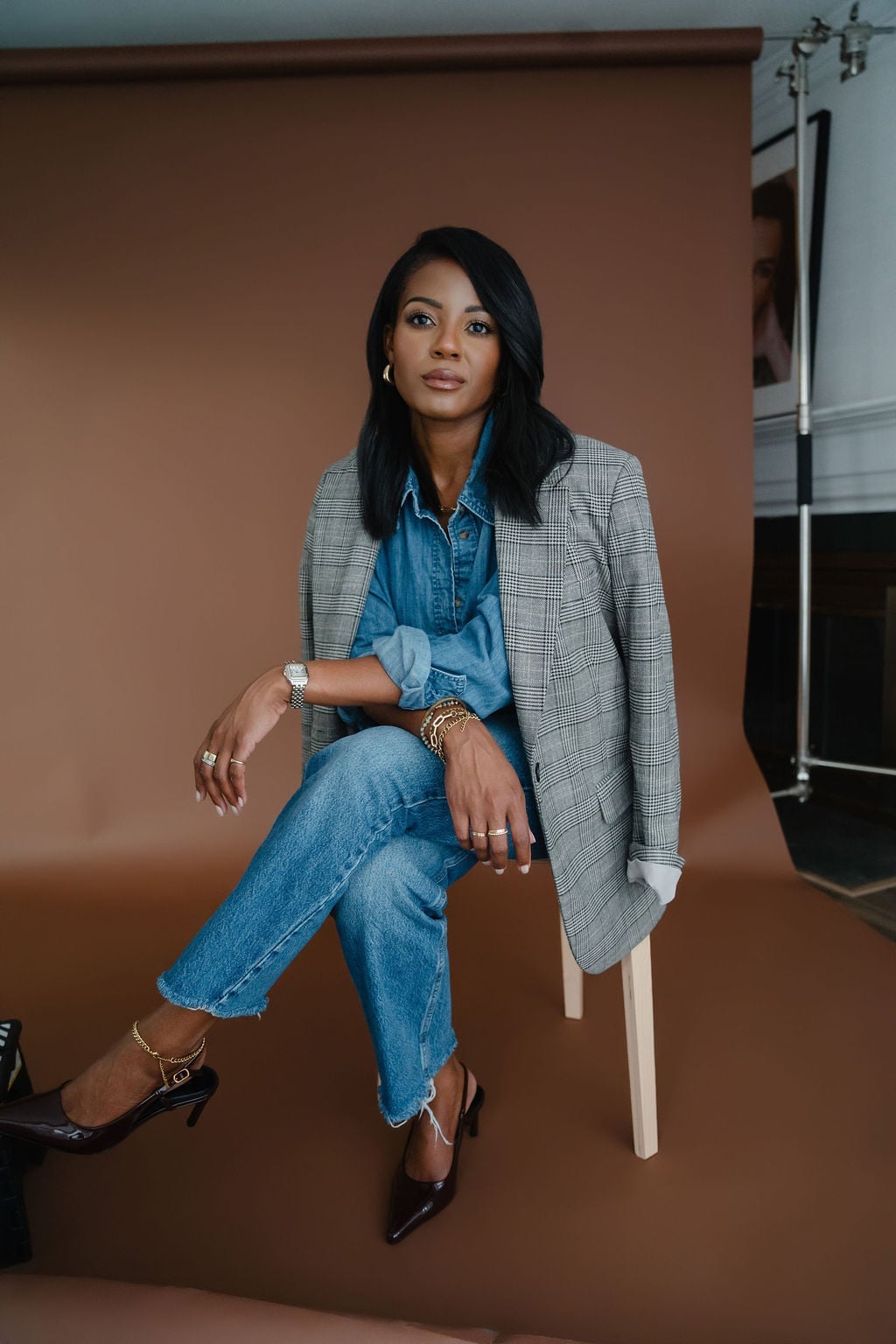 Gray Plaid Blazer with Denim Shirt and Jeans Gray Plaid Blazer with Denim Shirt and Jeans — Photoshoot Outfits