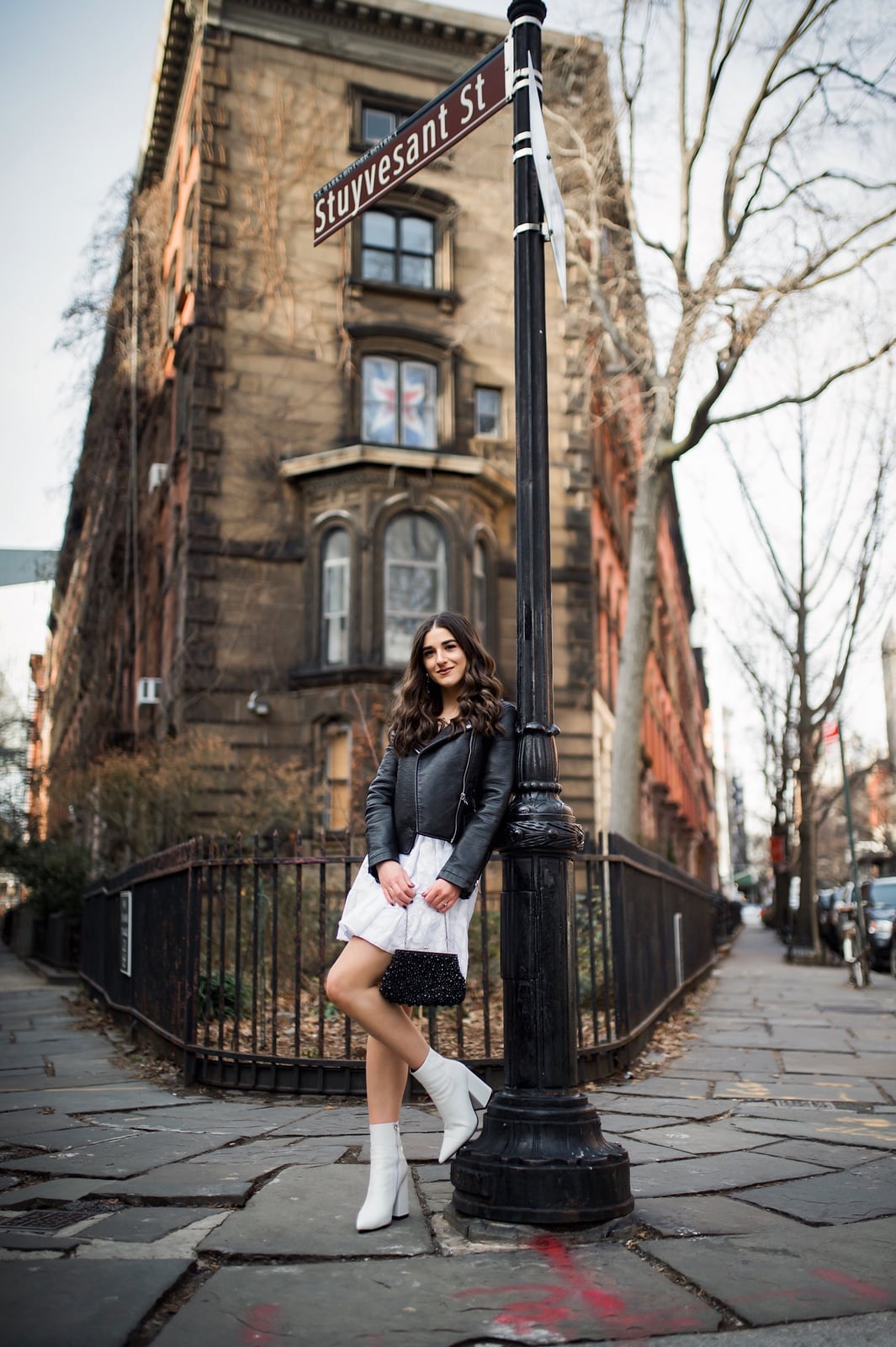 Black Leather Jacket with White Mini Dress Black Leather Jacket with White Mini Dress — Photoshoot Outfits