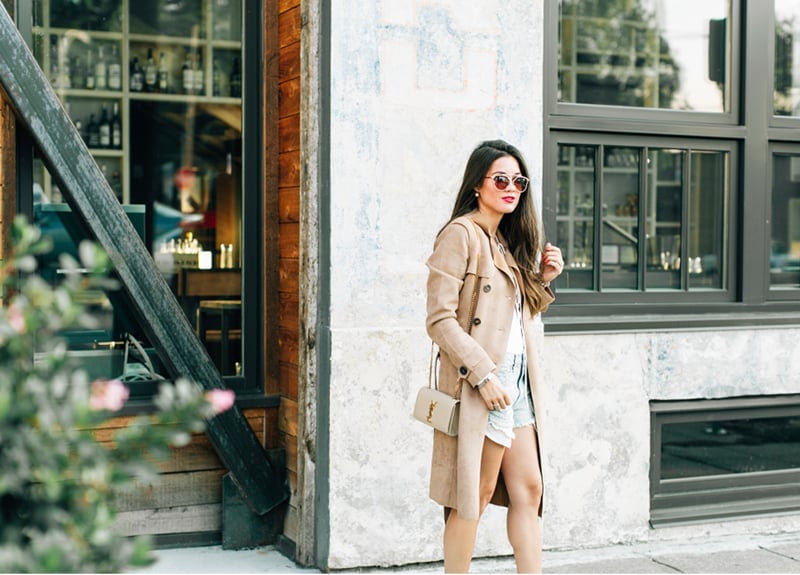 Beige Trench Coat with Denim Shorts Beige Trench Coat with Denim Shorts — Photoshoot Outfits