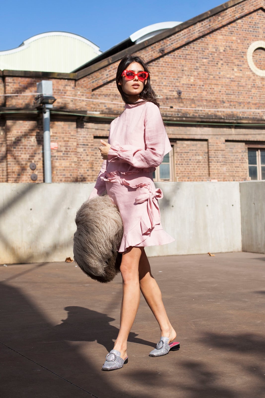 Pink Ruffled Dress with Silver Mules Pink Ruffled Dress with Silver Mules — Photoshoot Outfits