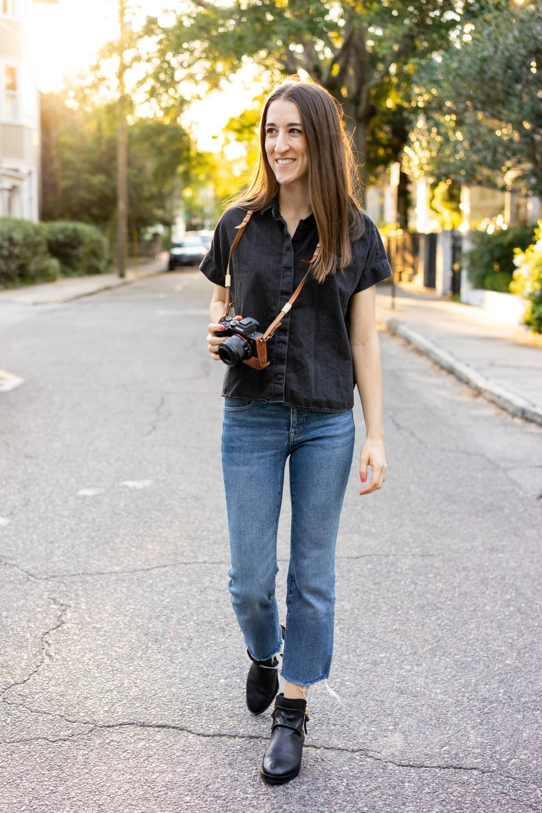 Black Button-Up Shirt with Straight Leg Jeans Black Button-Up Shirt with Straight Leg Jeans — Photoshoot Outfits