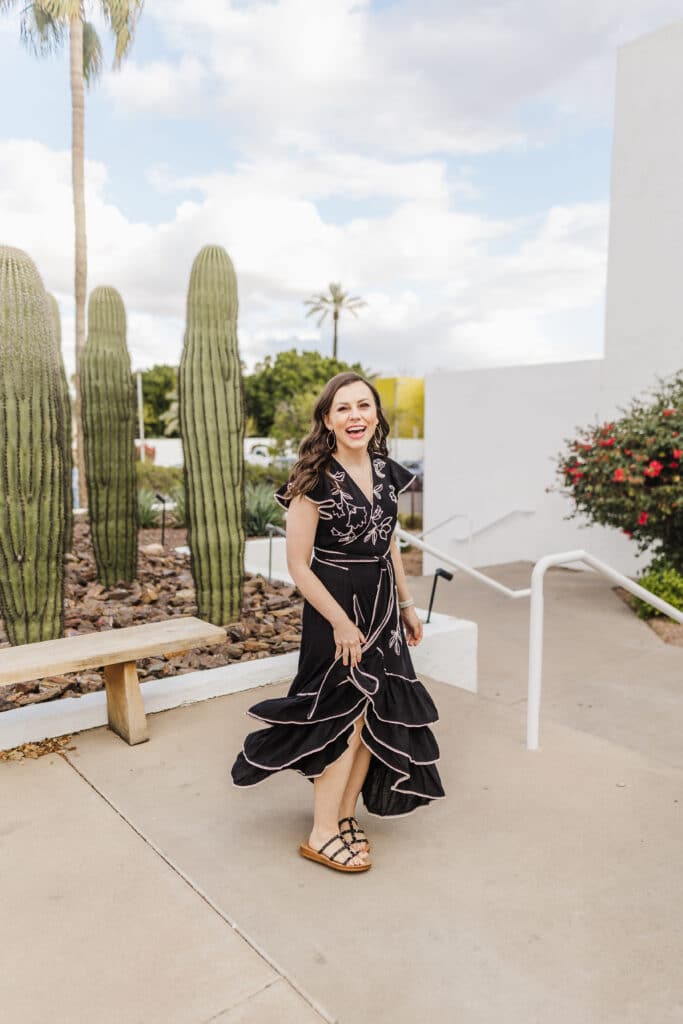 Black Ruffled Wrap Dress with Embroidery Black Ruffled Wrap Dress with Embroidery — Photoshoot Outfits