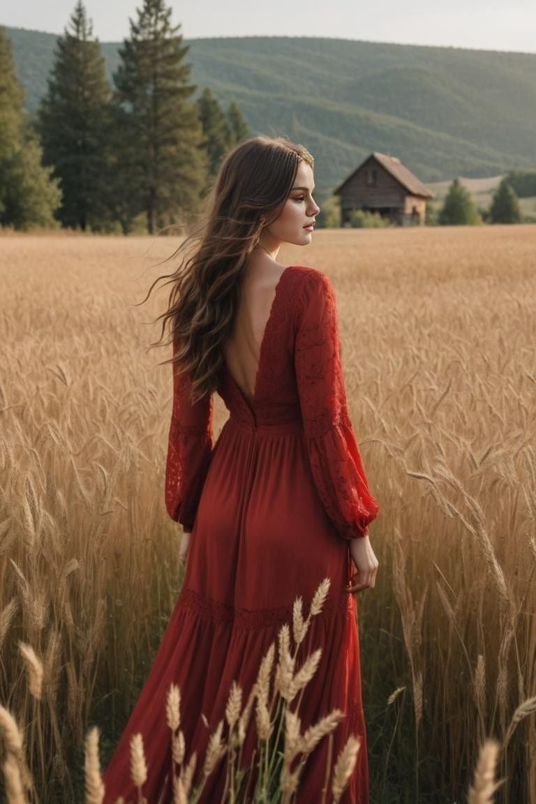 Red Lace-Trimmed Maxi Dress in a Field Red Lace-Trimmed Maxi Dress in a Field — Photoshoot Outfits