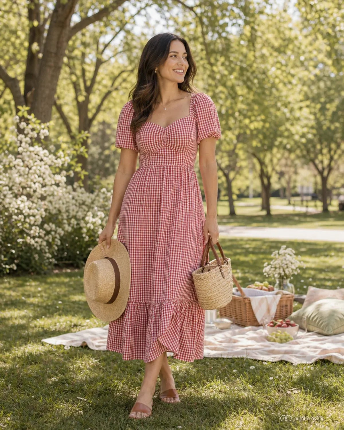Red Gingham Puff Sleeve Midi Dress with Straw Accessories — Picnic Outfit