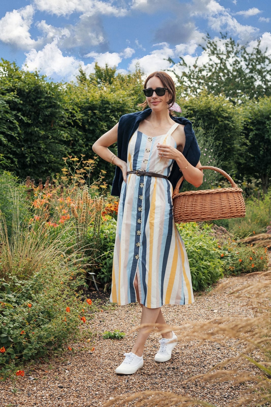 Striped Linen Blend Midi Dress with Draped Cardigan — Picnic Outfit