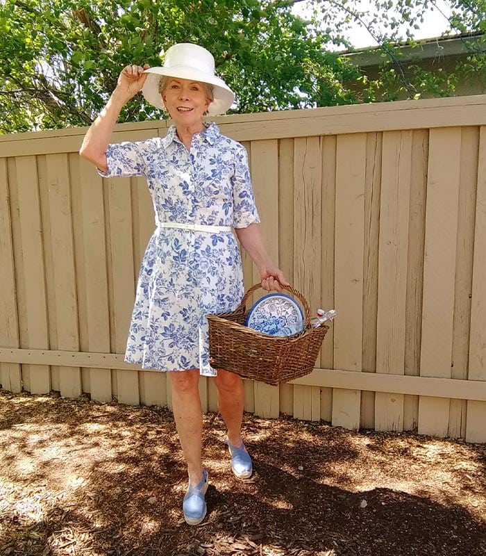 Blue and White Floral Shirt Dress with White Belt — Picnic Outfit