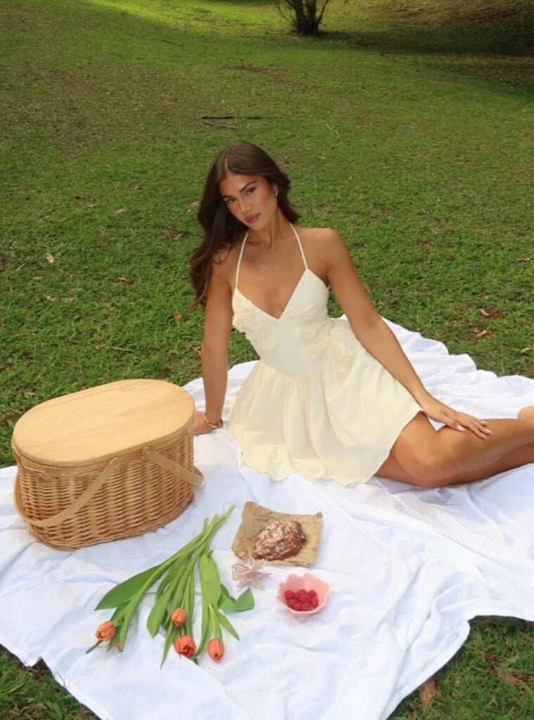 Pale Yellow Linen A-line Dress with Straw Basket — Picnic Outfit