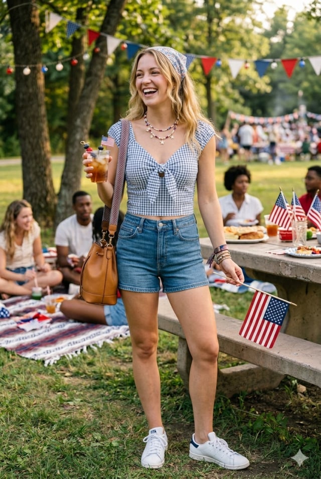 Blue and White Gingham Crop Top with Denim Shorts — Picnic Outfit