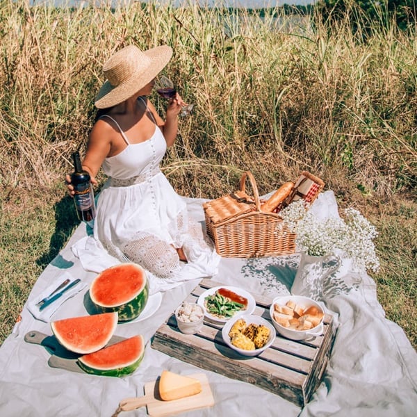 White Spaghetti Strap Dress with Lace Trim — Picnic Outfit