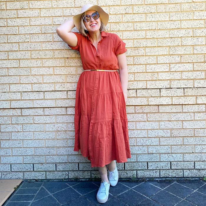 Burnt Orange Tiered Button-Down Dress with Sun Hat — Picnic Outfit