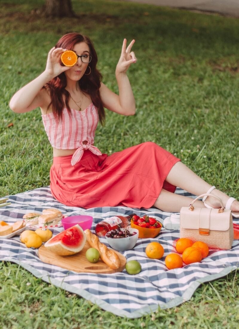 Striped Crop Top and Coral A-line Skirt with Sneakers — Picnic Outfit