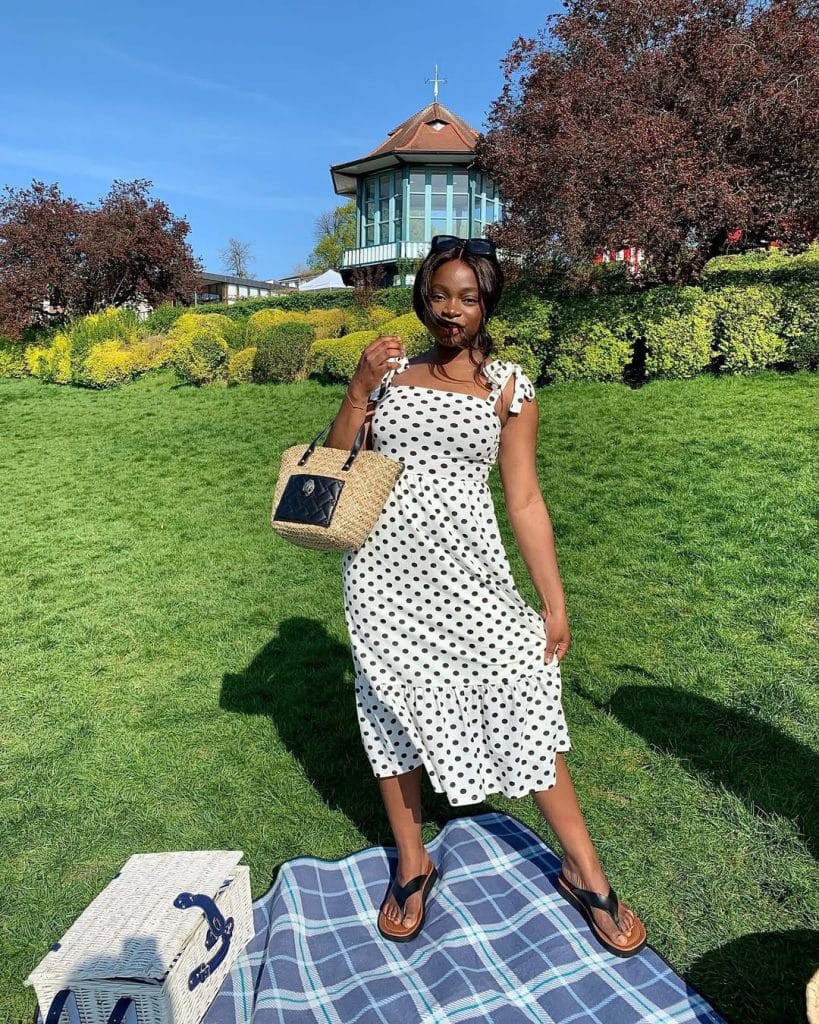 Polka Dot Midi Dress with Tie Straps and Straw Tote — Picnic Outfit