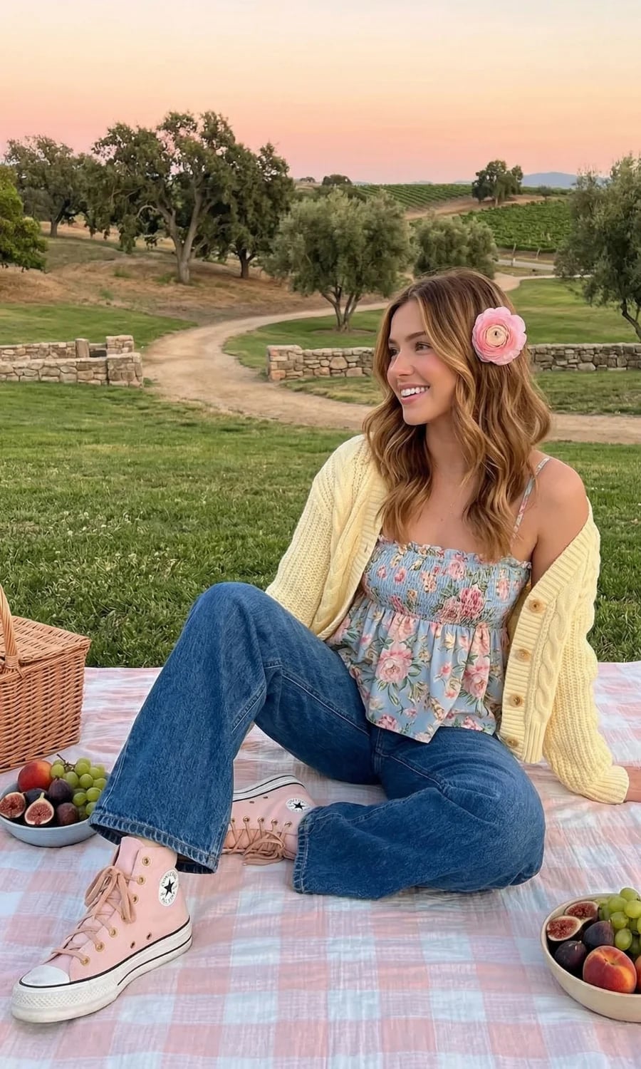 Floral Camisole with Wide-Leg Jeans and Yellow Cardigan — Picnic Outfit