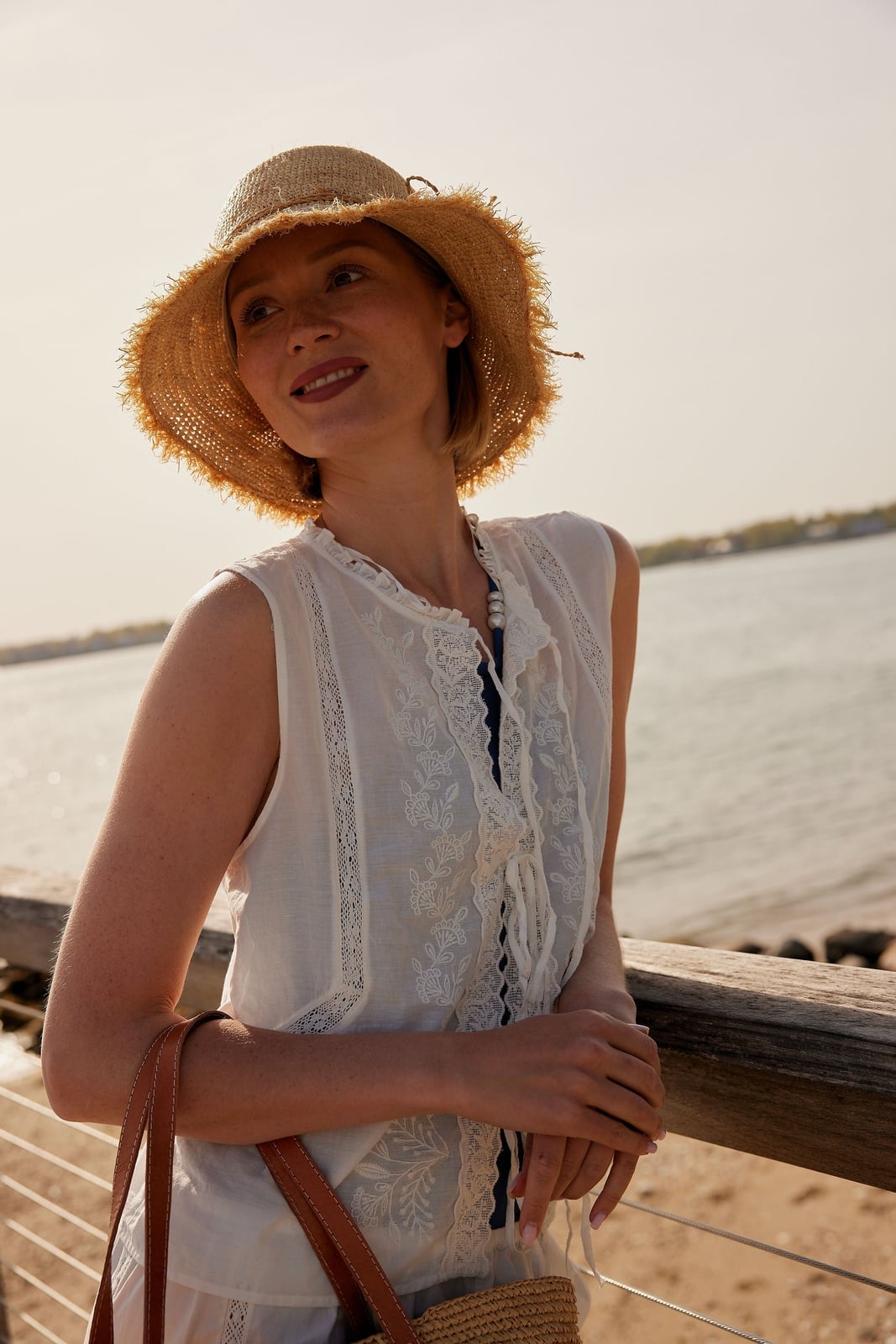 White Lace Sleeveless Top with Straw Sun Hat — Picnic Outfit