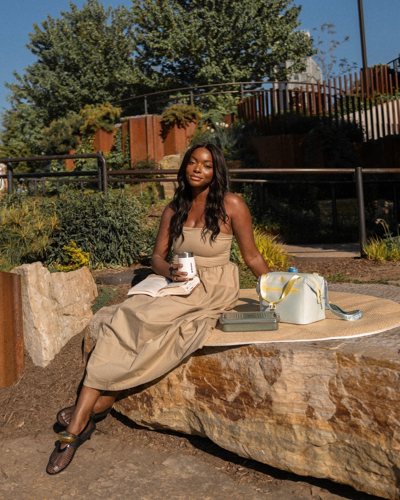 Beige Strapless Maxi Dress with Black Mesh Flats — Picnic Outfit