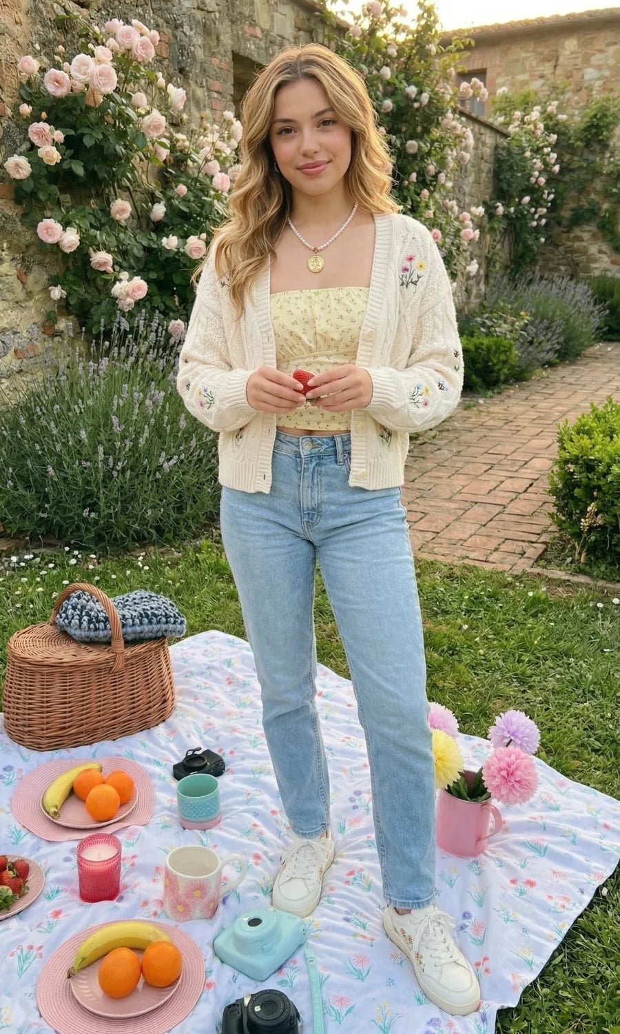 Embroidered Cardigan Over Floral Tube Top and Jeans — Picnic Outfit