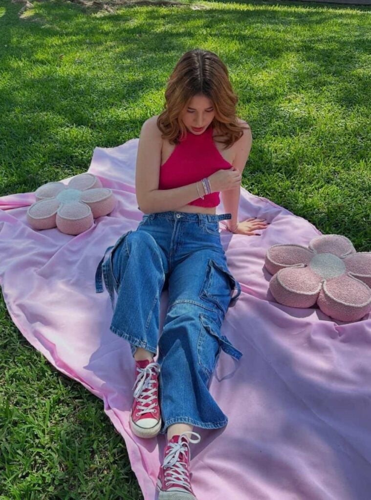 Pink Halter Top with Blue Cargo Pants and Red Sneakers — Picnic Outfit