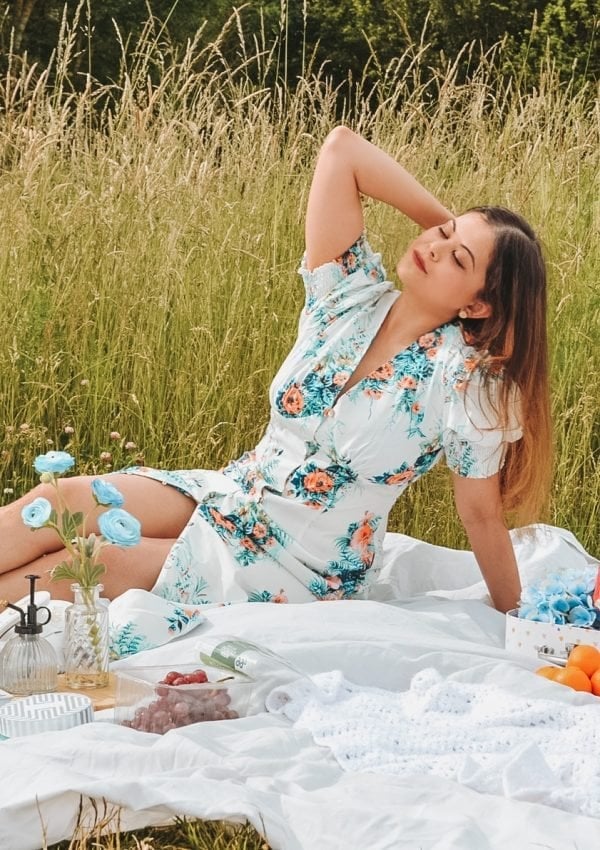 White Floral Print Mini Dress with Button Front — Picnic Outfit