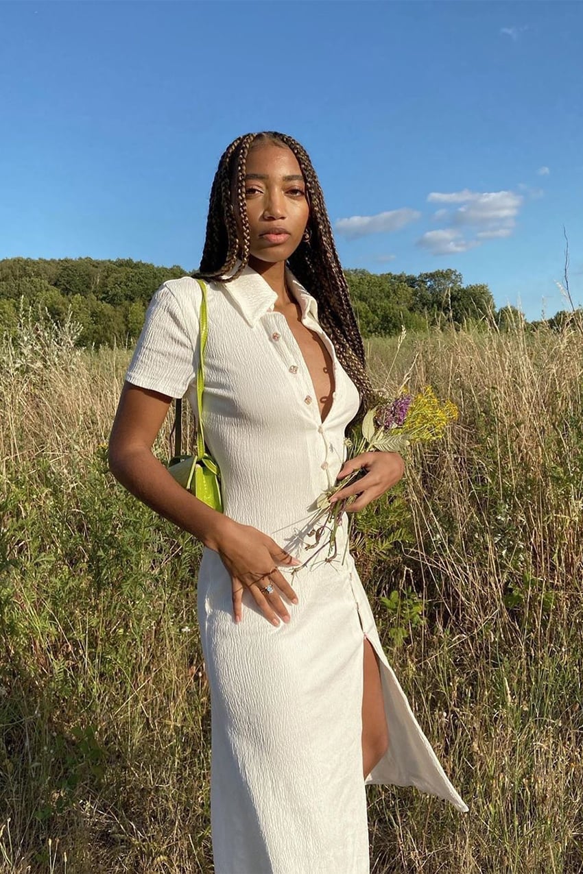 Textured White Linen Shirt Dress with Green Crossbody Bag — Picnic Outfit