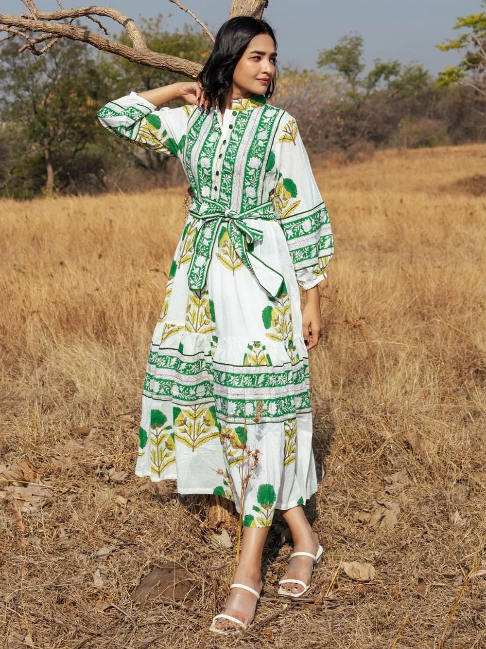 White Tiered Floral Print Midi Dress with Belt and Linen Blend — Picnic Outfit