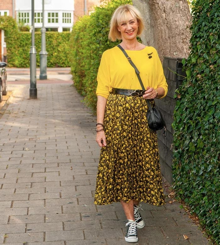 Yellow Long Sleeve Top with Floral Print Midi Skirt — Picnic Outfit