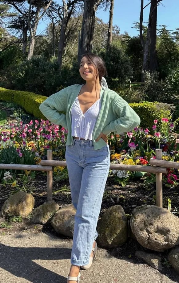 Mint Green Knit Cardigan Over White Camisole and Jeans — Picnic Outfit