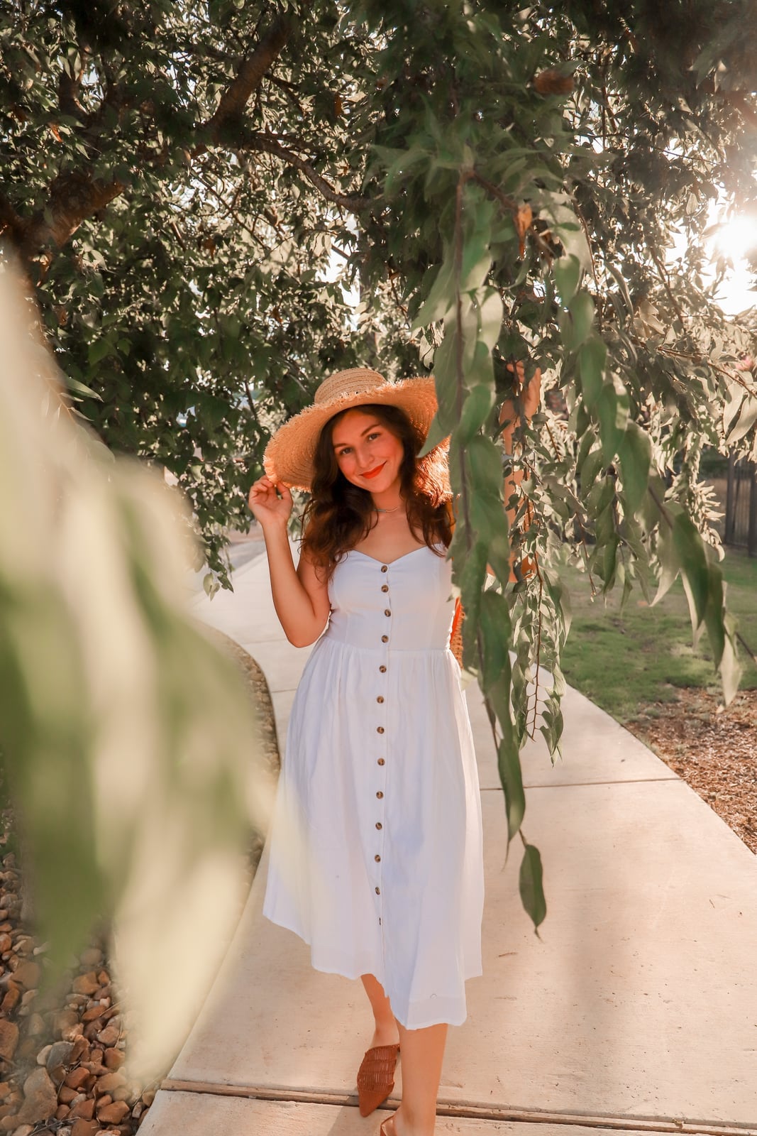 White Button-Front Sundress with Straw Hat — Picnic Outfit