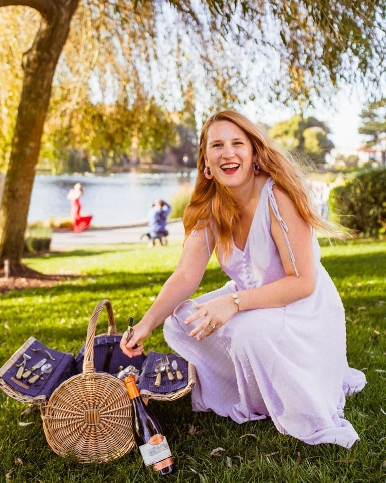 Lilac Gauze Maxi Dress with Hoop Earrings — Picnic Outfit