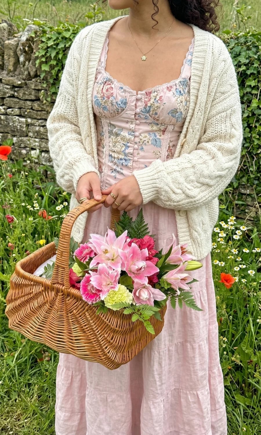 Floral Print Corset Dress with Cream Cardigan — Picnic Outfit