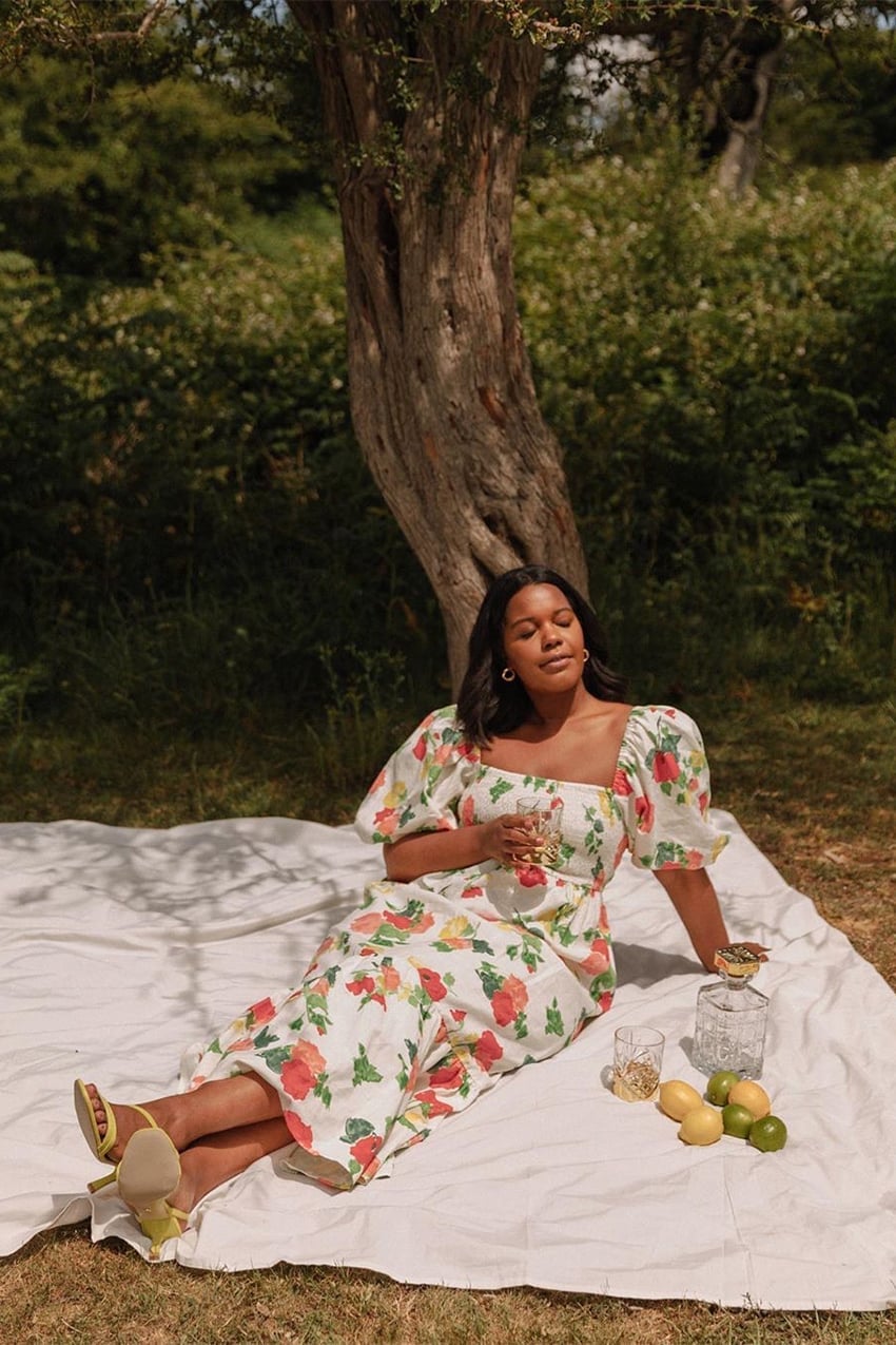 White Floral Print Midi Dress with Square Neck — Picnic Outfit
