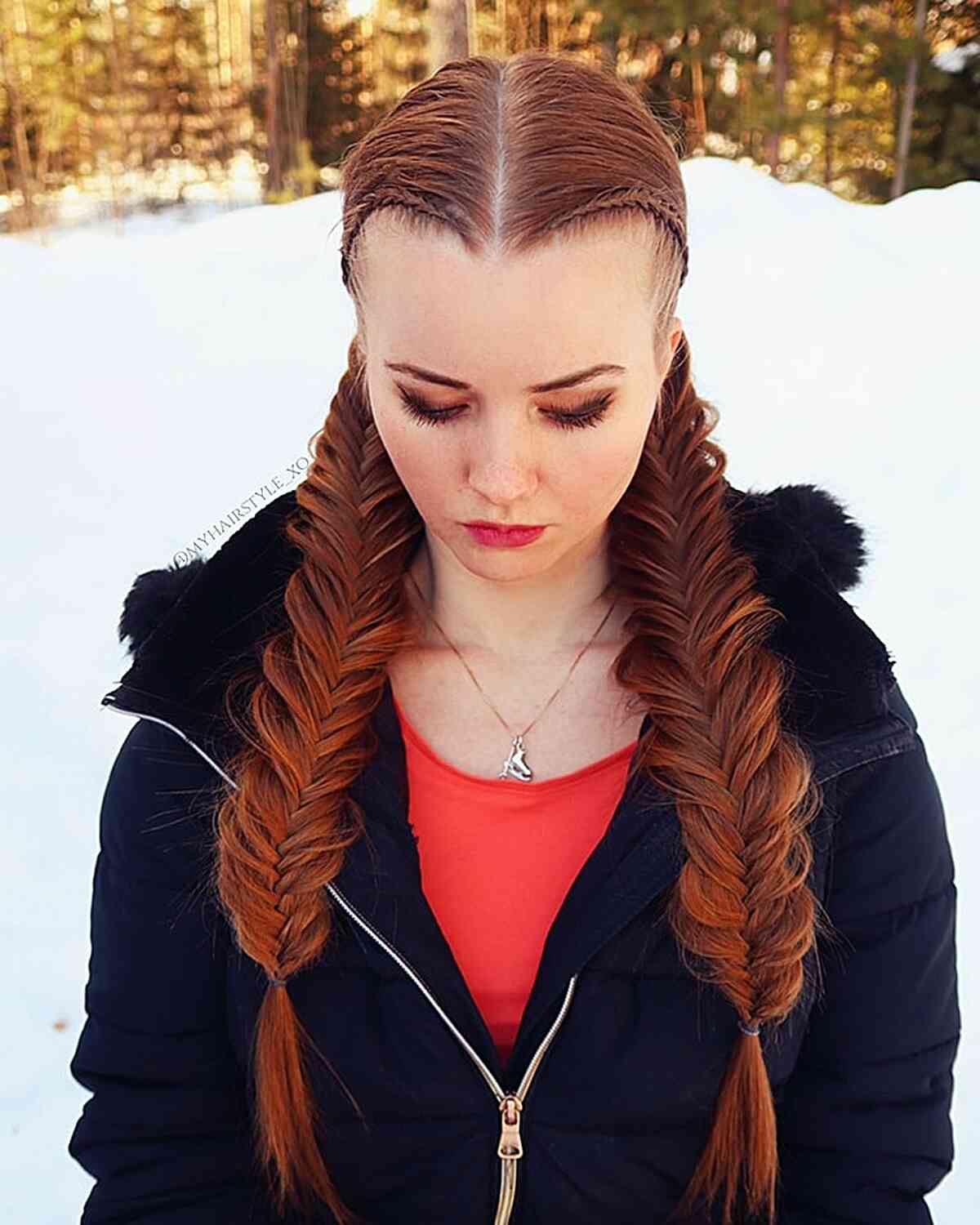 Rich Red Fishtail Braids With Auburn Highlights — Pigtails Braids