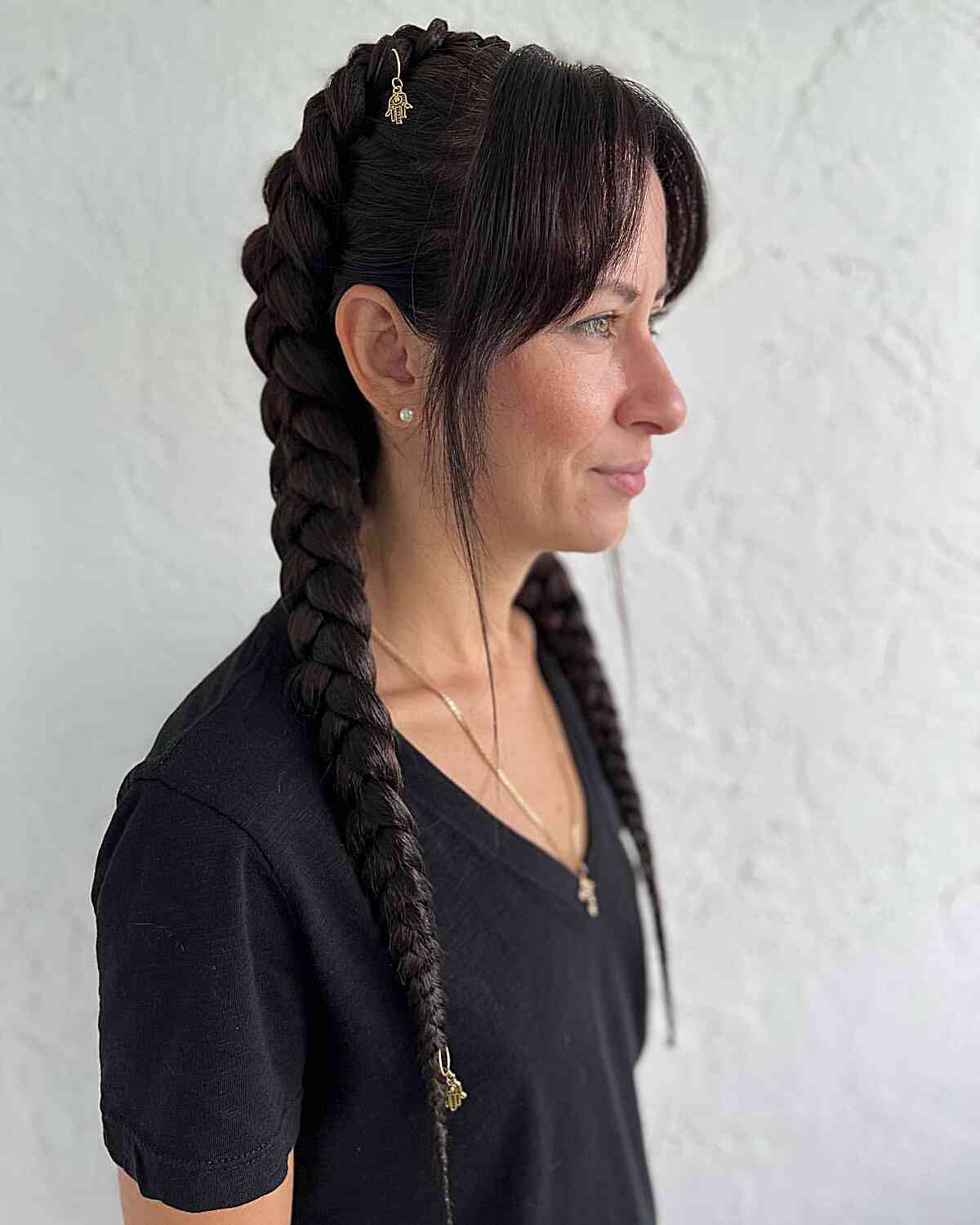 Dark Brown Dutch Braids With Curtain Bangs — Pigtails Braids