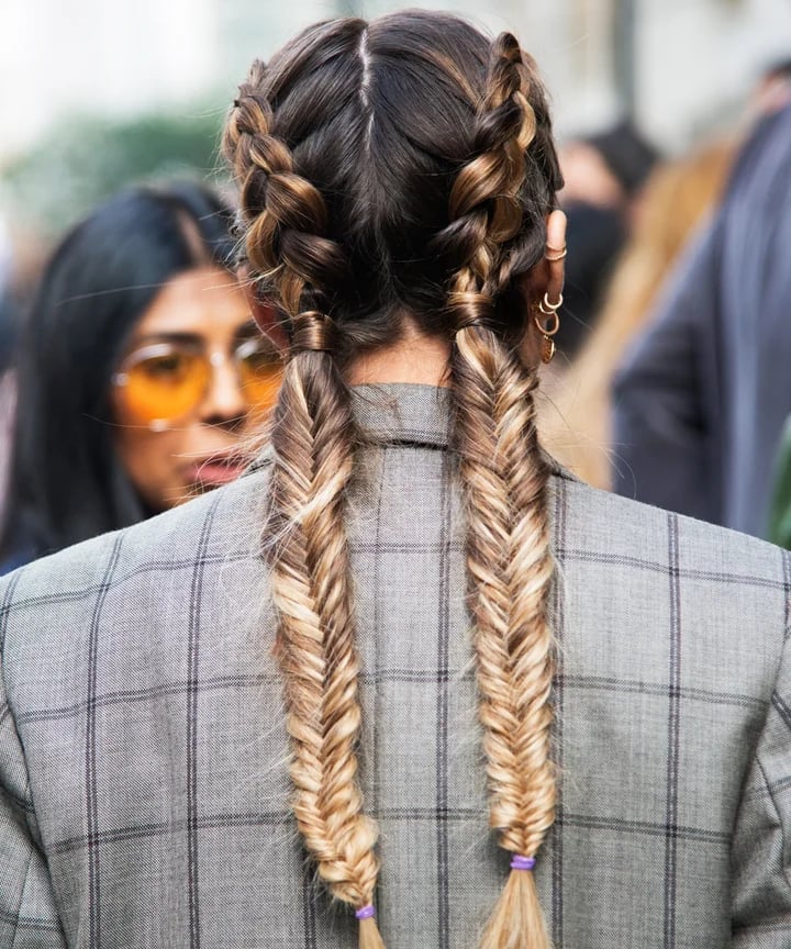 Dark Brown Fishtail Braids With Blonde Highlights — Pigtails Braids