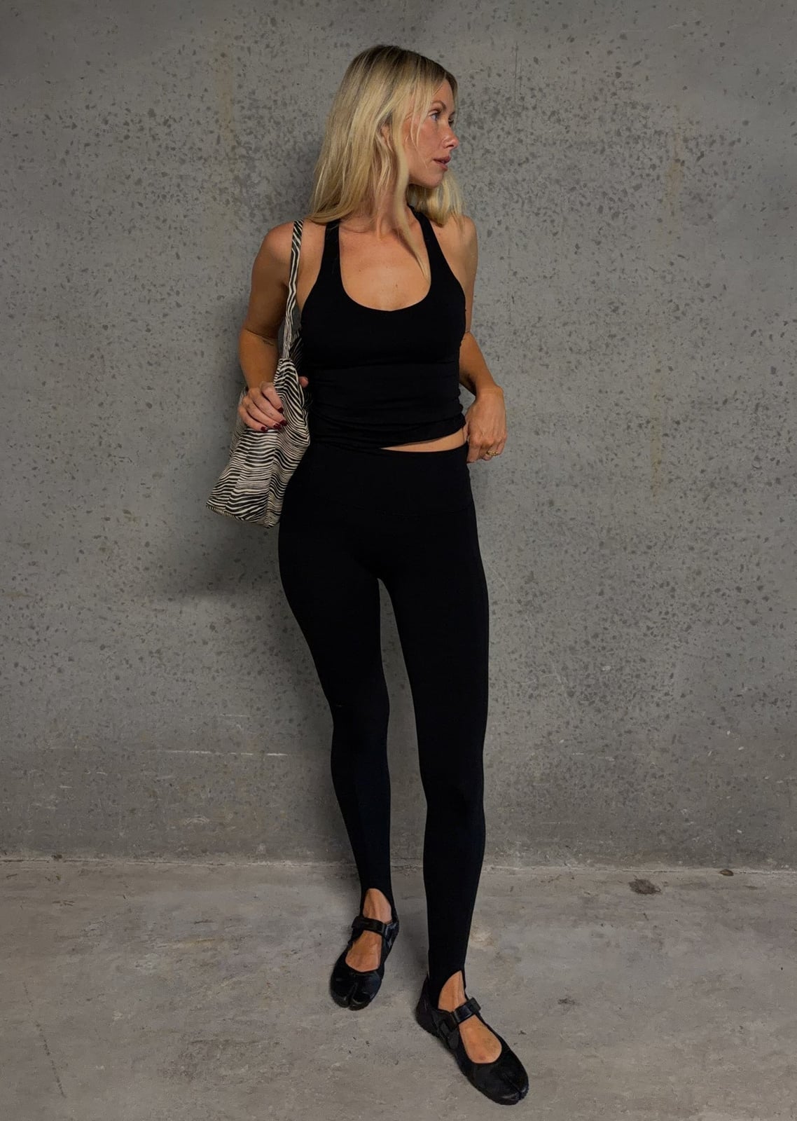 Black Stirrup Leggings and Tank Top With Mary Jane Flats — Pilates Outfits