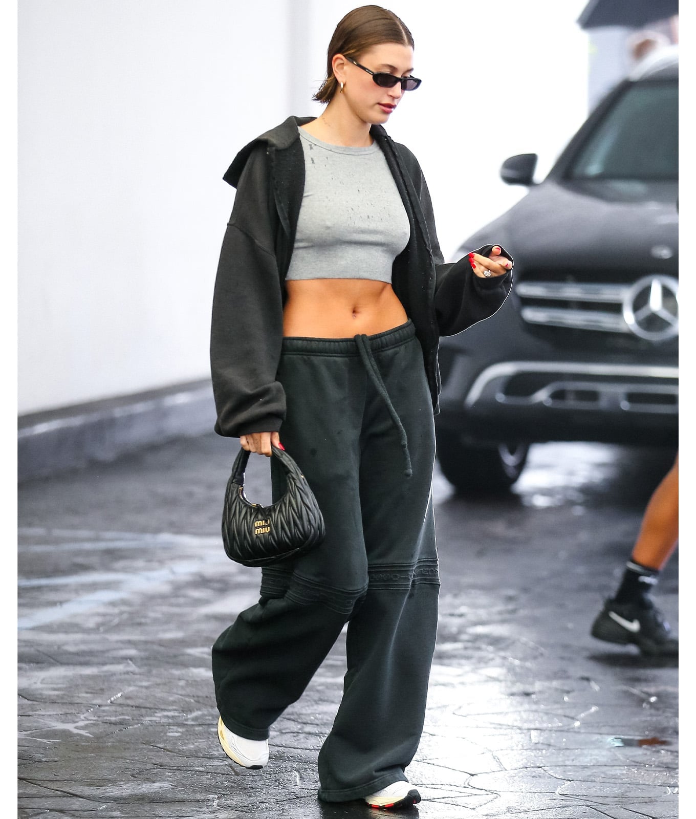 Gray Crop Top Under Black Hoodie With Black Sweatpants — Pilates Outfits