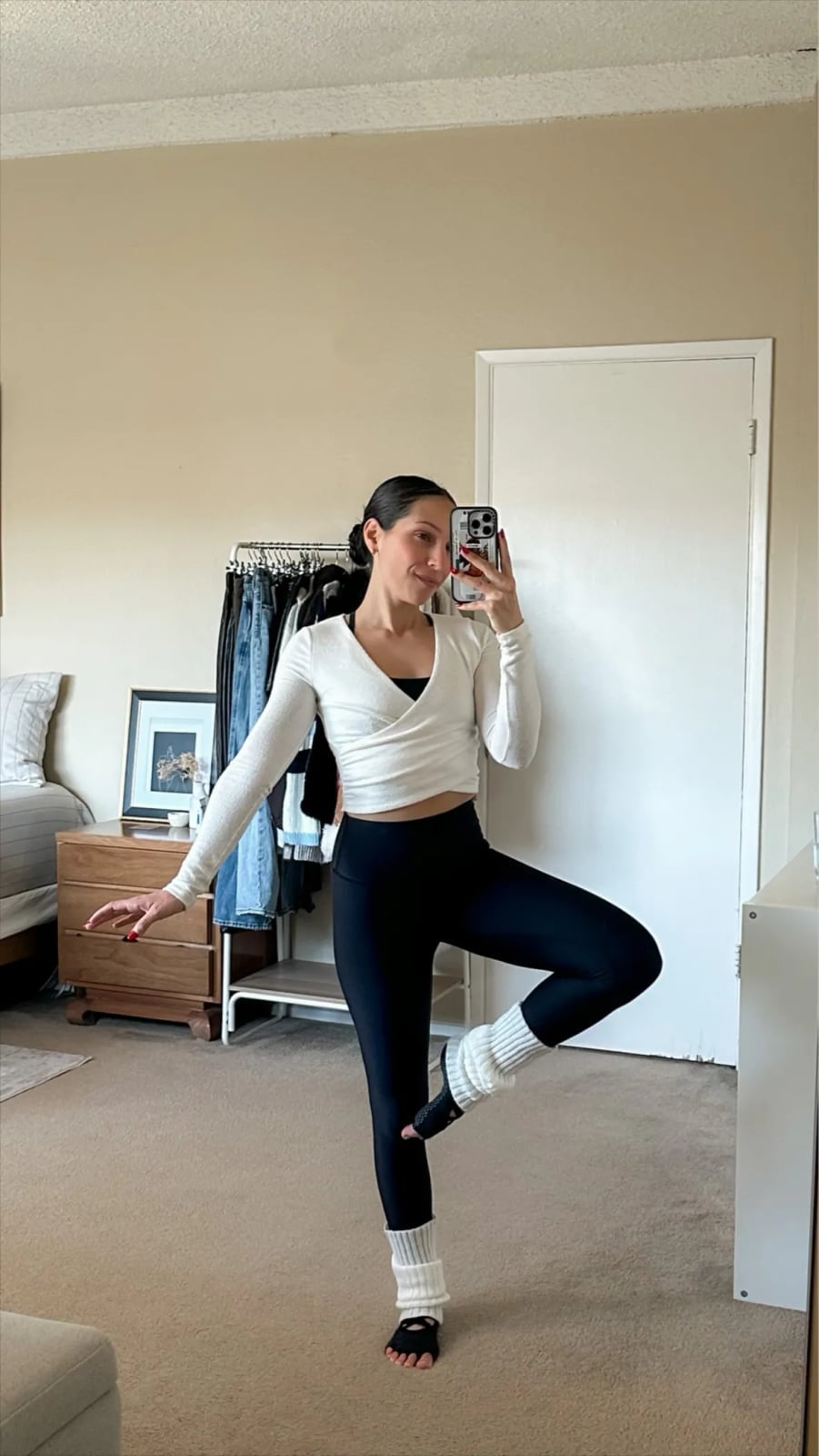 White Wrap Top With Black Leggings and Leg Warmers — Pilates Outfits