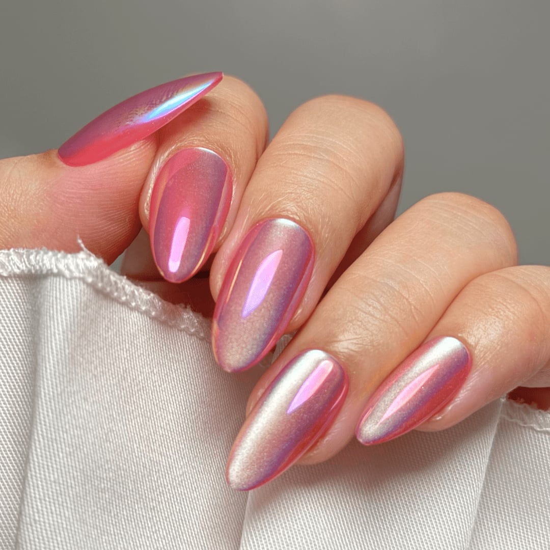 Long Iridescent Pink Chrome Almond Nails — Pink Almond Nails