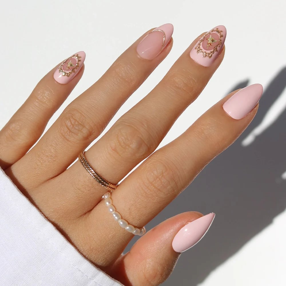 Light Pink Almond Nails with Gold Filigree