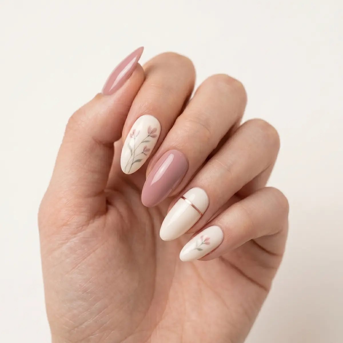 Dusty Rose Cream Almond Nails with Floral Decals — Pink Almond Nails