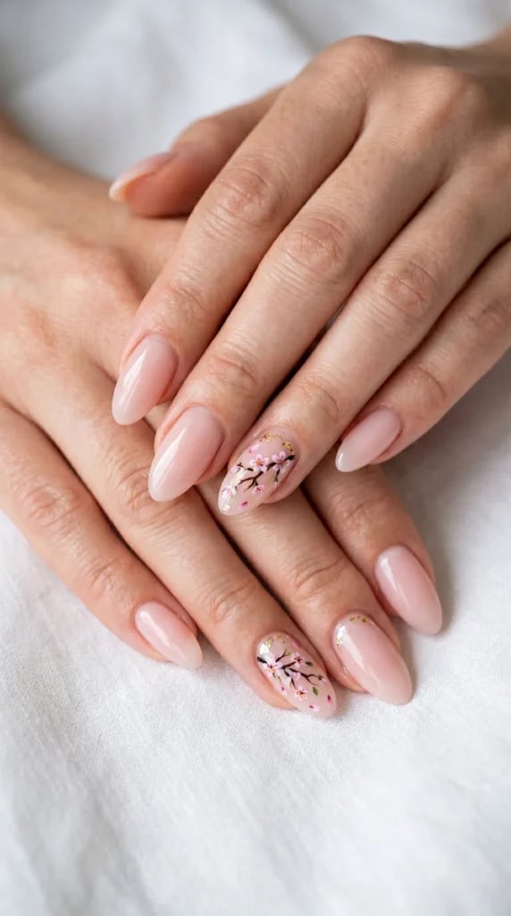 Pale Pink Almond Nails with Floral Design