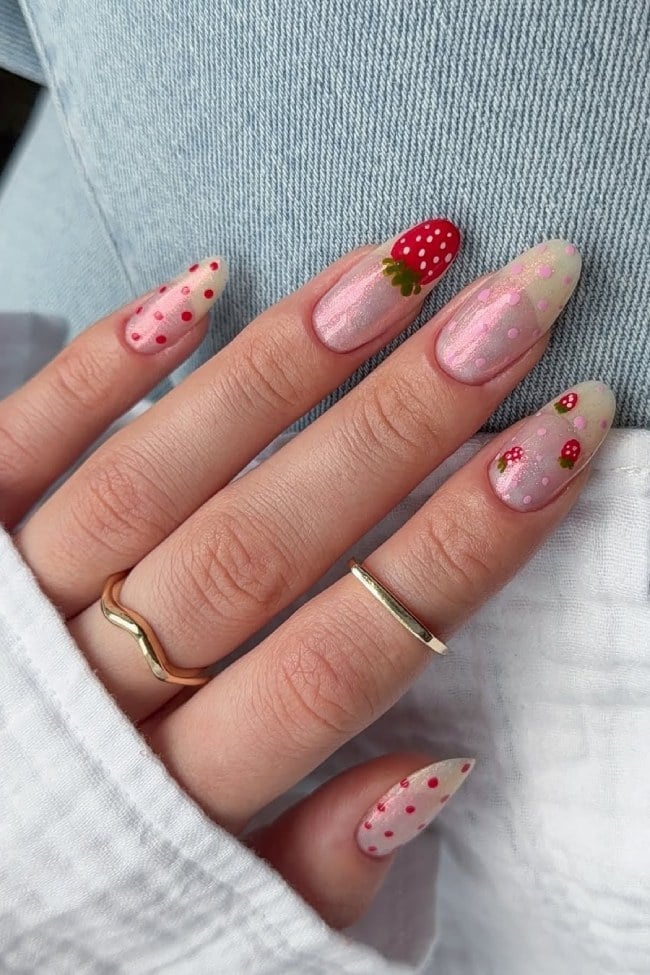 Light Pink Almond Nails with Strawberry Design