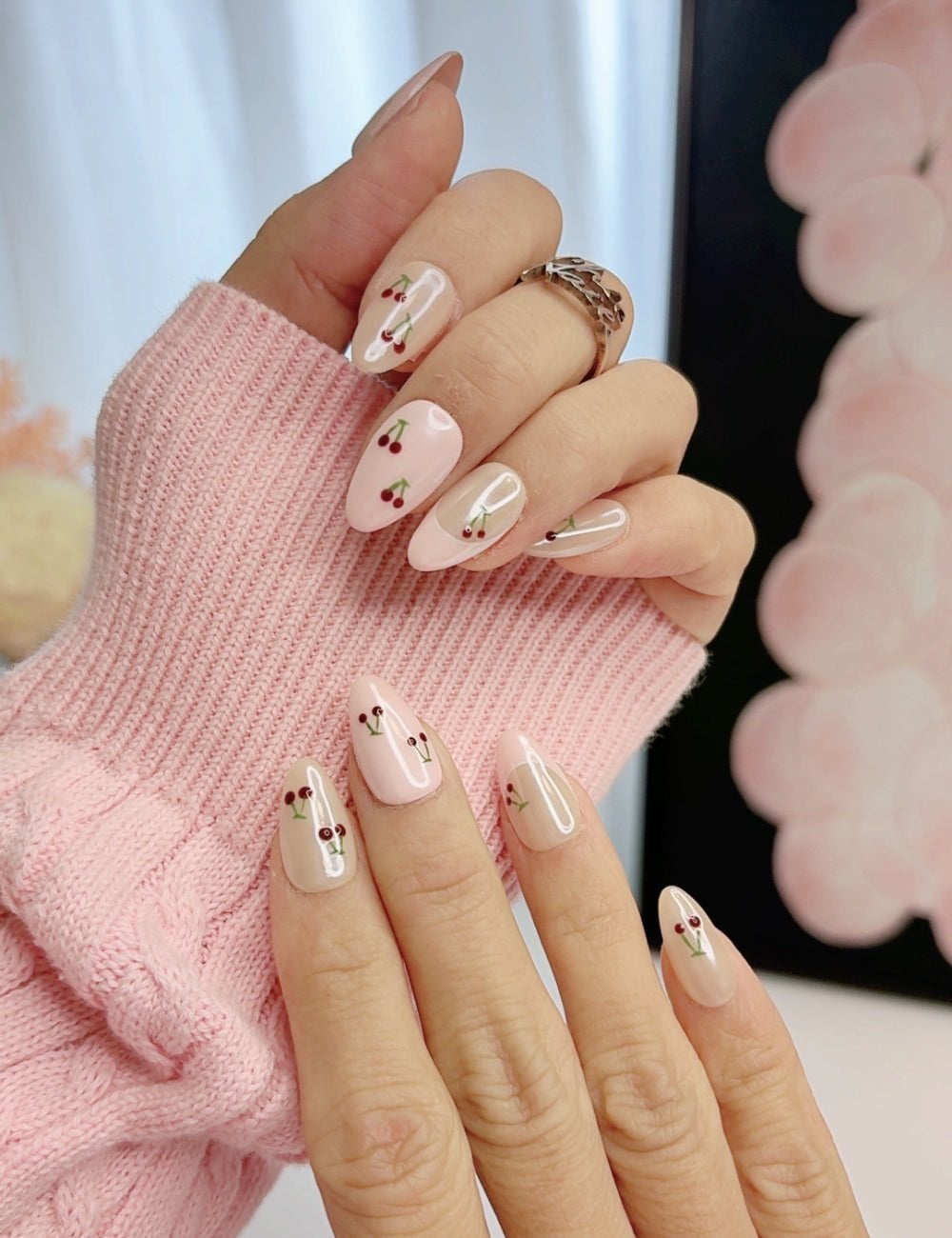 Soft Pink Almond Nails with Cherry Print