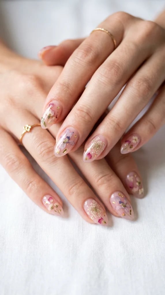 Medium Almond Nails with Embedded Dried Flowers — Pink Almond Nails